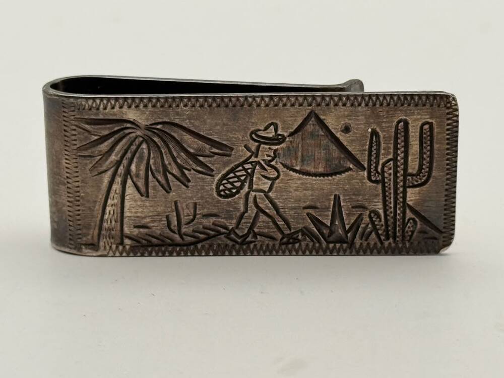 Mexican Sterling Silver .925 Money Clip Cowboy Cactus Desert Scene Western Used